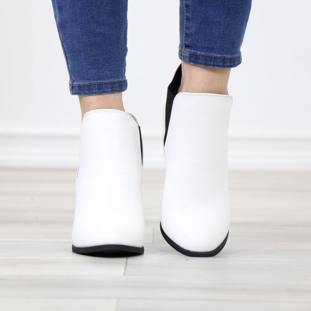 Chelsea Cone High Heel Ankle Boots White Synthetic Leather  Pointed Toe - Picture 9 of 12